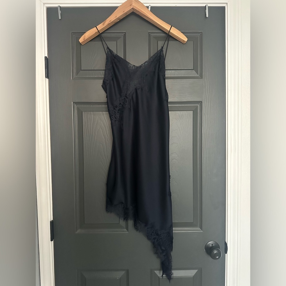 Zara ZW Collection Asymmetric Lace Satin Dress Navy Extra Small NWT - Picture 3 of 9